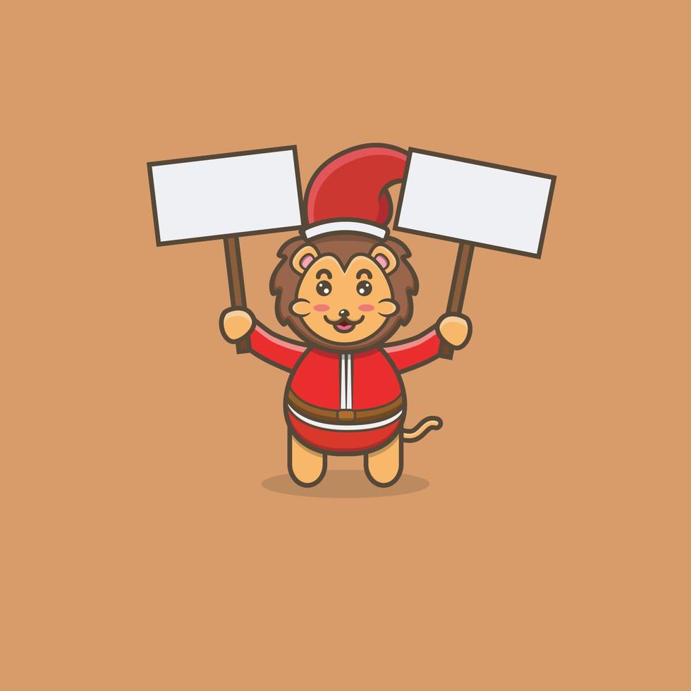lindo bebé león con navidad con dos pancartas en blanco. personaje, mascota, icono, logotipo, dibujos animados y lindo diseño. vector