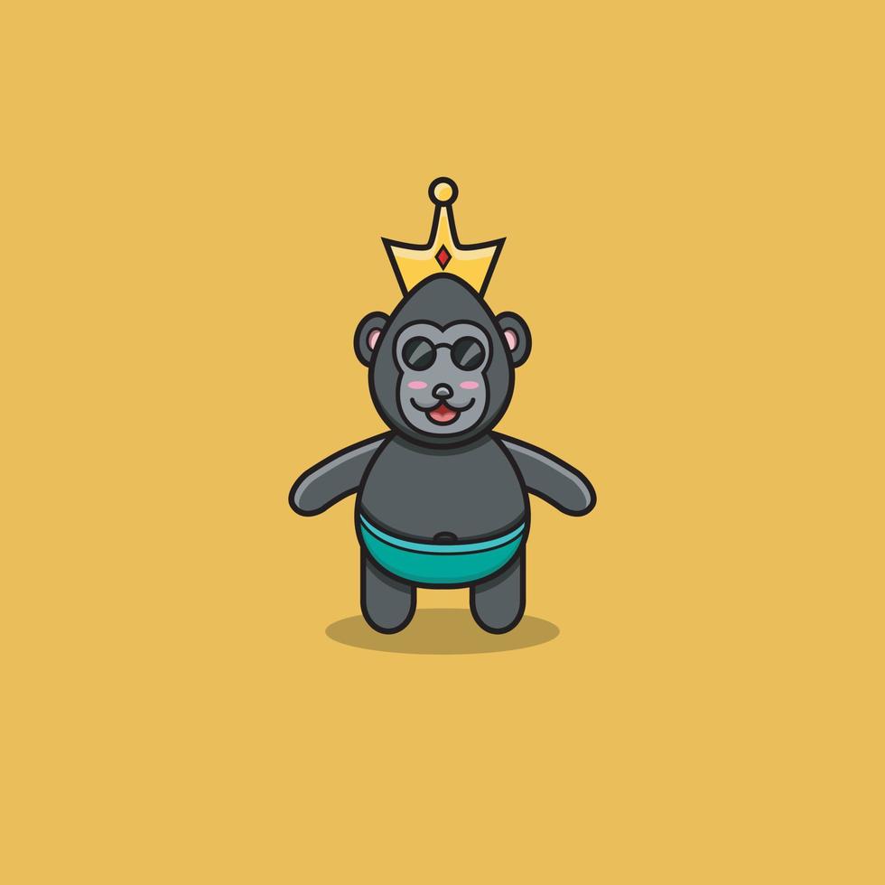 lindo bebé gorila con corona. personaje, mascota, icono, logotipo, dibujos animados y lindo diseño. vector