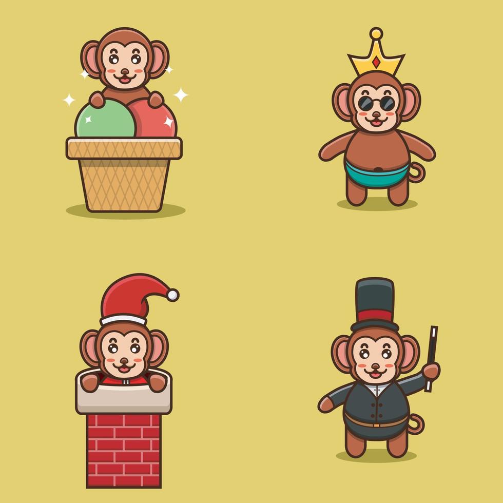 Set Of Cute Baby Monkey Character With Various Poses. On Ice Cream, Wearing Crown, and Magician costume. vector