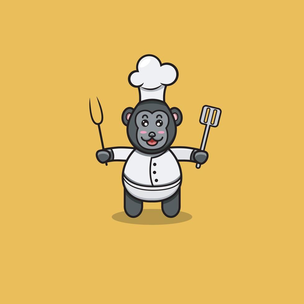 lindo bebé gorila con disfraz de chef. personaje, mascota, icono, logotipo, dibujos animados y lindo diseño. vector