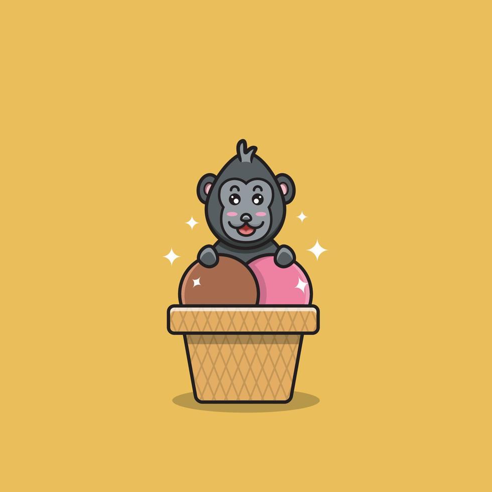 lindo bebé gorila con helado. personaje, mascota, icono, logotipo, dibujos animados y lindo diseño. vector