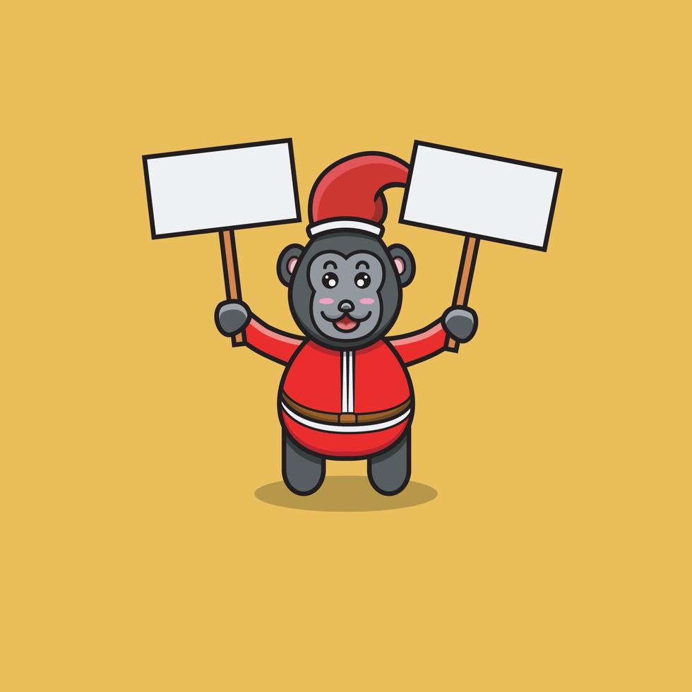 Cute Baby Gorilla With Santa Clause Costume and Bring Two Blank Banners. vector