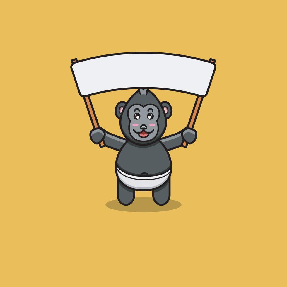 Cute Baby Gorilla With Big Blank Banner. Character, Mascot, Icon, Logo, Cartoon and Cute Design. vector