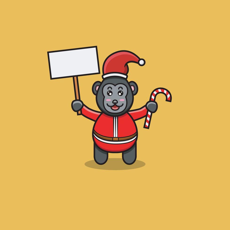 lindo bebé gorila con disfraz de Papá Noel, trae pancarta en blanco y dulces. personaje, mascota, icono, logotipo, dibujos animados y lindo diseño. vector