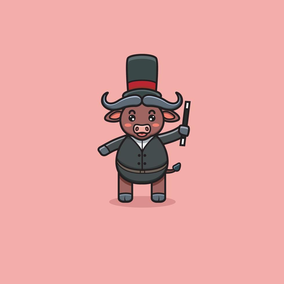 Cute Buffalo With Magician Costume. vector