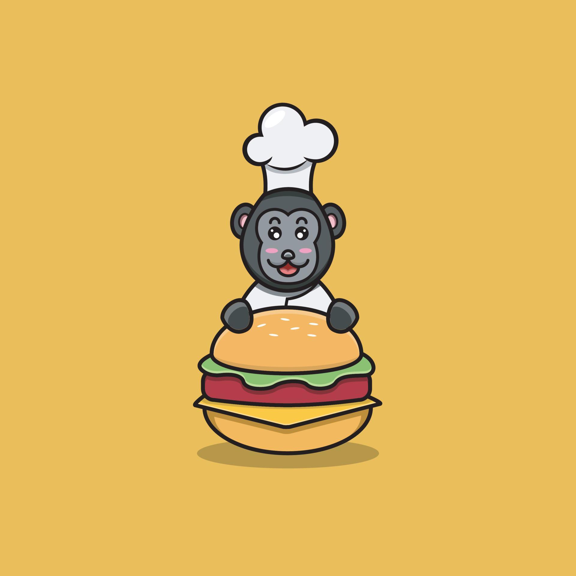 Cute Baby Gorilla Chef On Hamburger. Character, Mascot, Icon, Logo