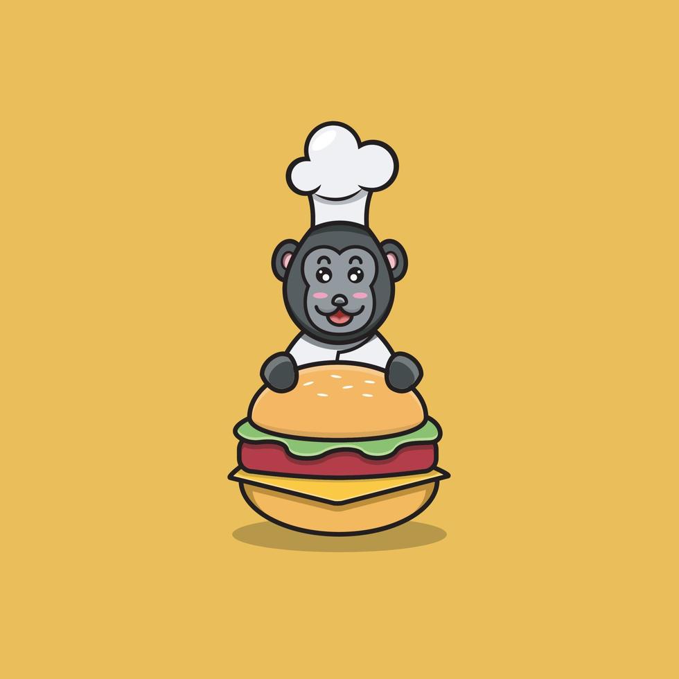 Cocinero lindo del gorila del bebé en la hamburguesa. personaje, mascota, icono, logotipo, dibujos animados y lindo diseño. vector