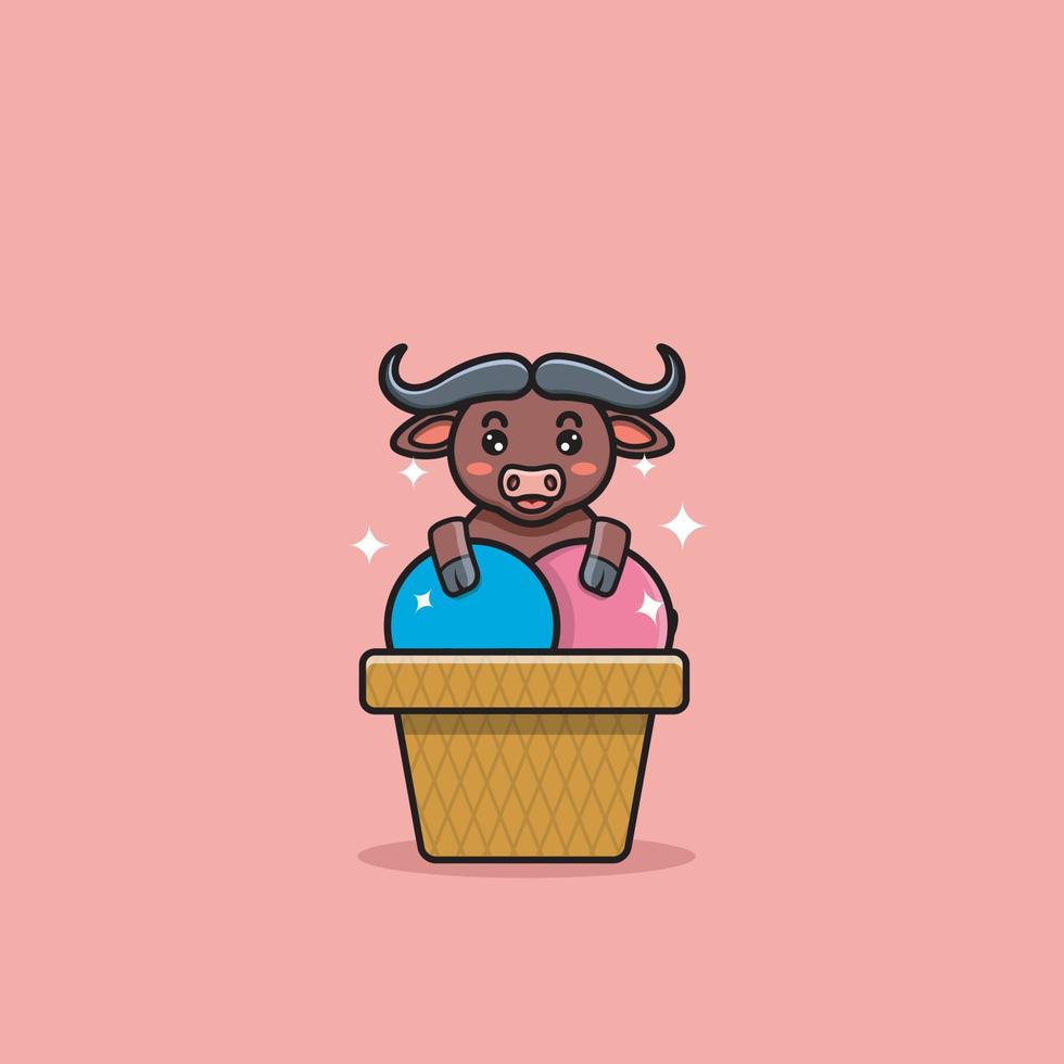 Cute Buffalo With Ice Cream. vector