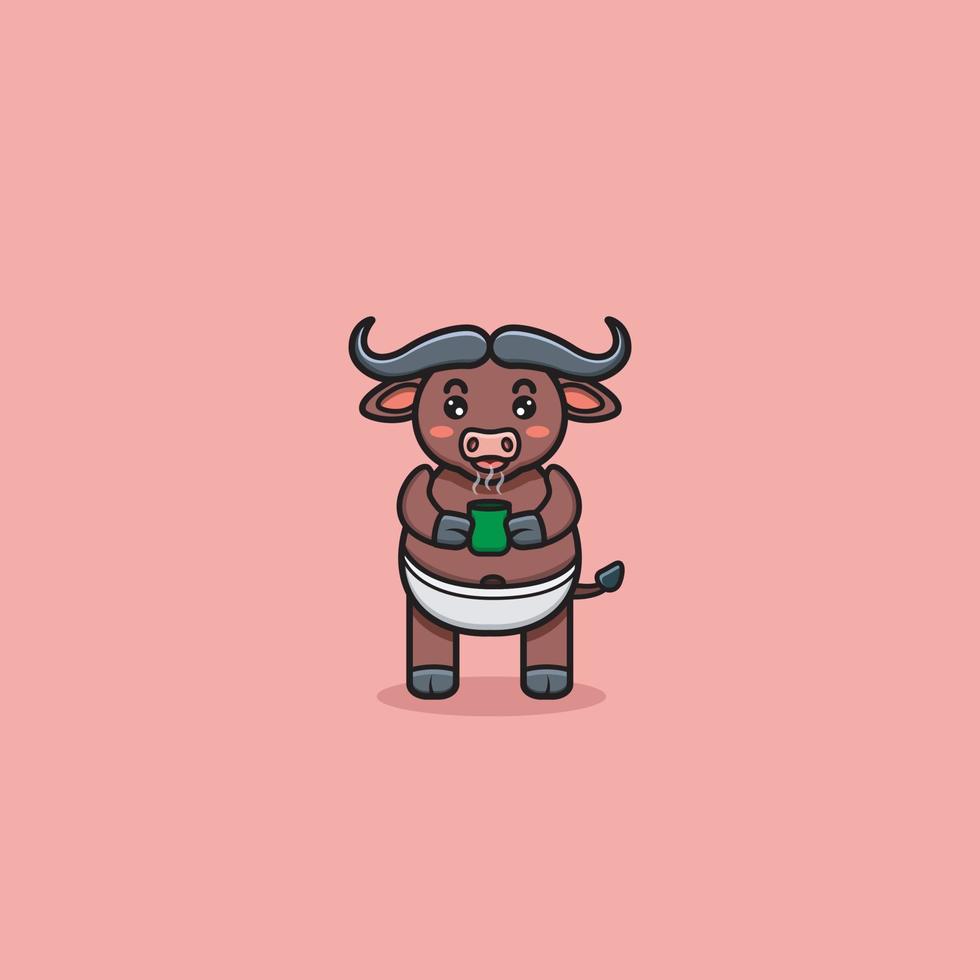 Cute Buffalo With glass of tea. vector