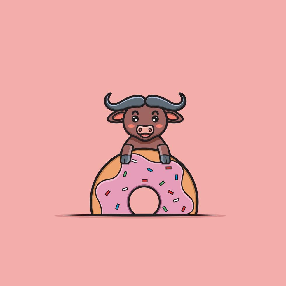 Cute Buffalo With Big Donuts. vector