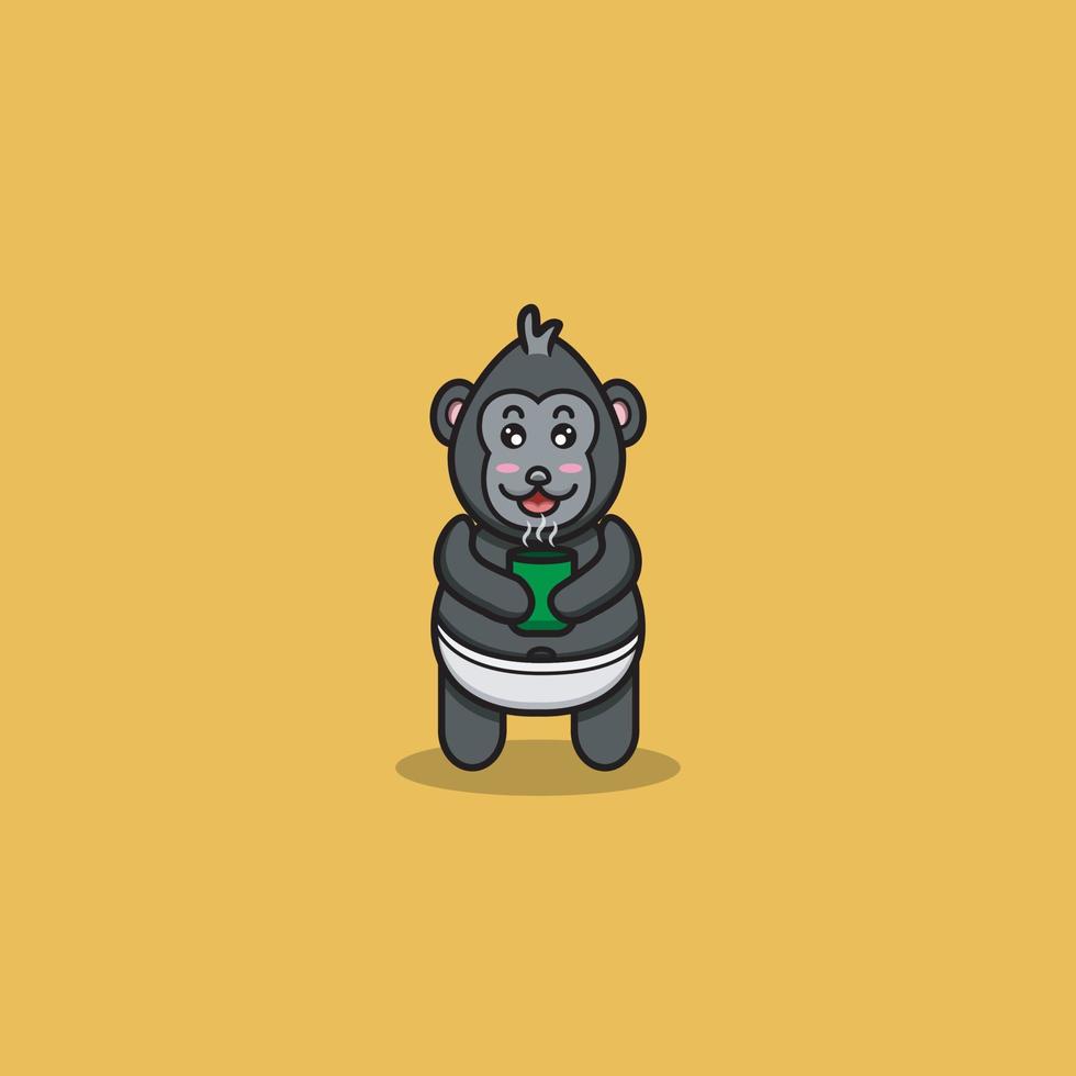 lindo bebé gorila con taza de té. personaje, mascota, icono, logotipo, dibujos animados y lindo diseño. vector