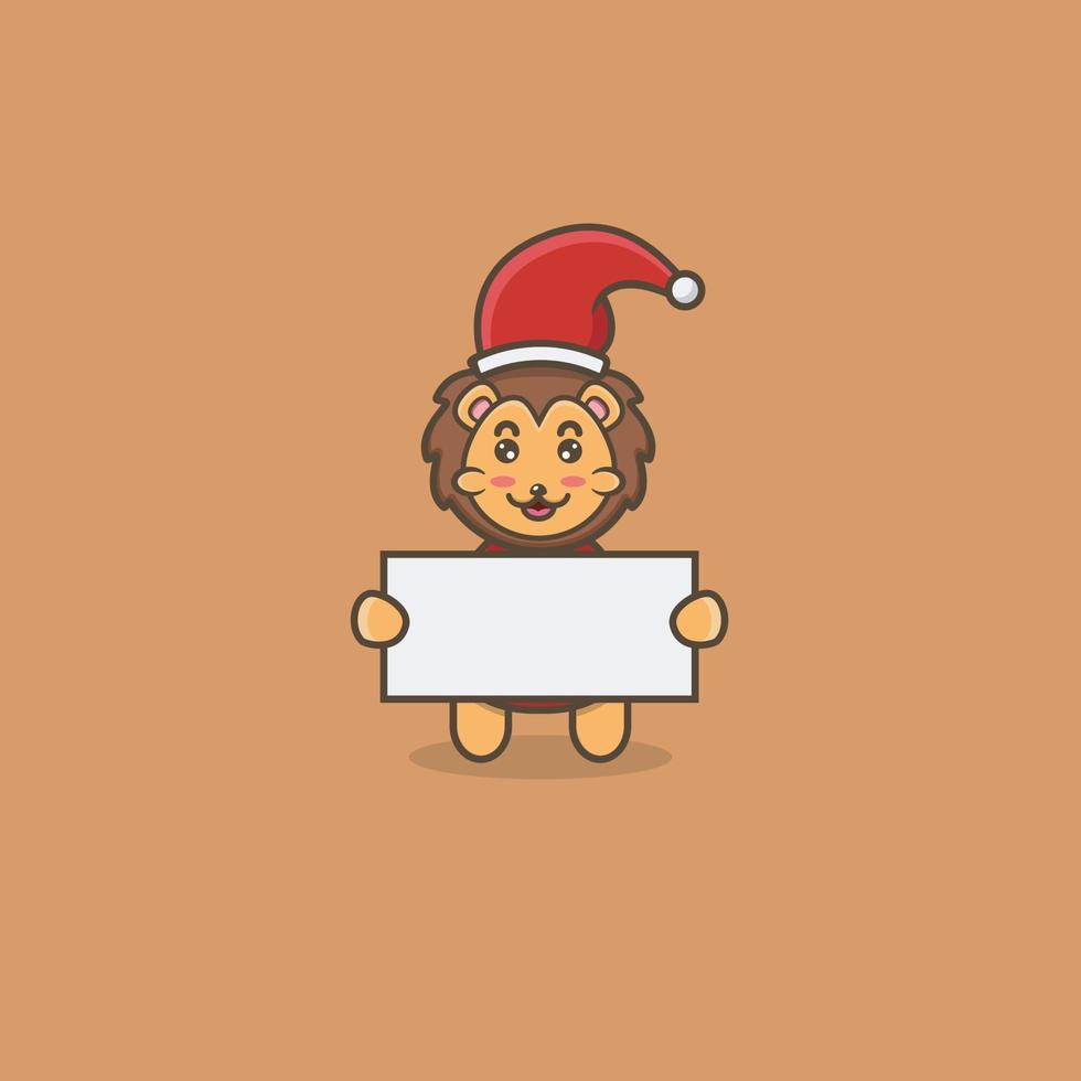Cute Baby Lion With Christmas Bring Blank Paper. Character, Mascot, Icon, Logo, Cartoon and Cute Design. vector