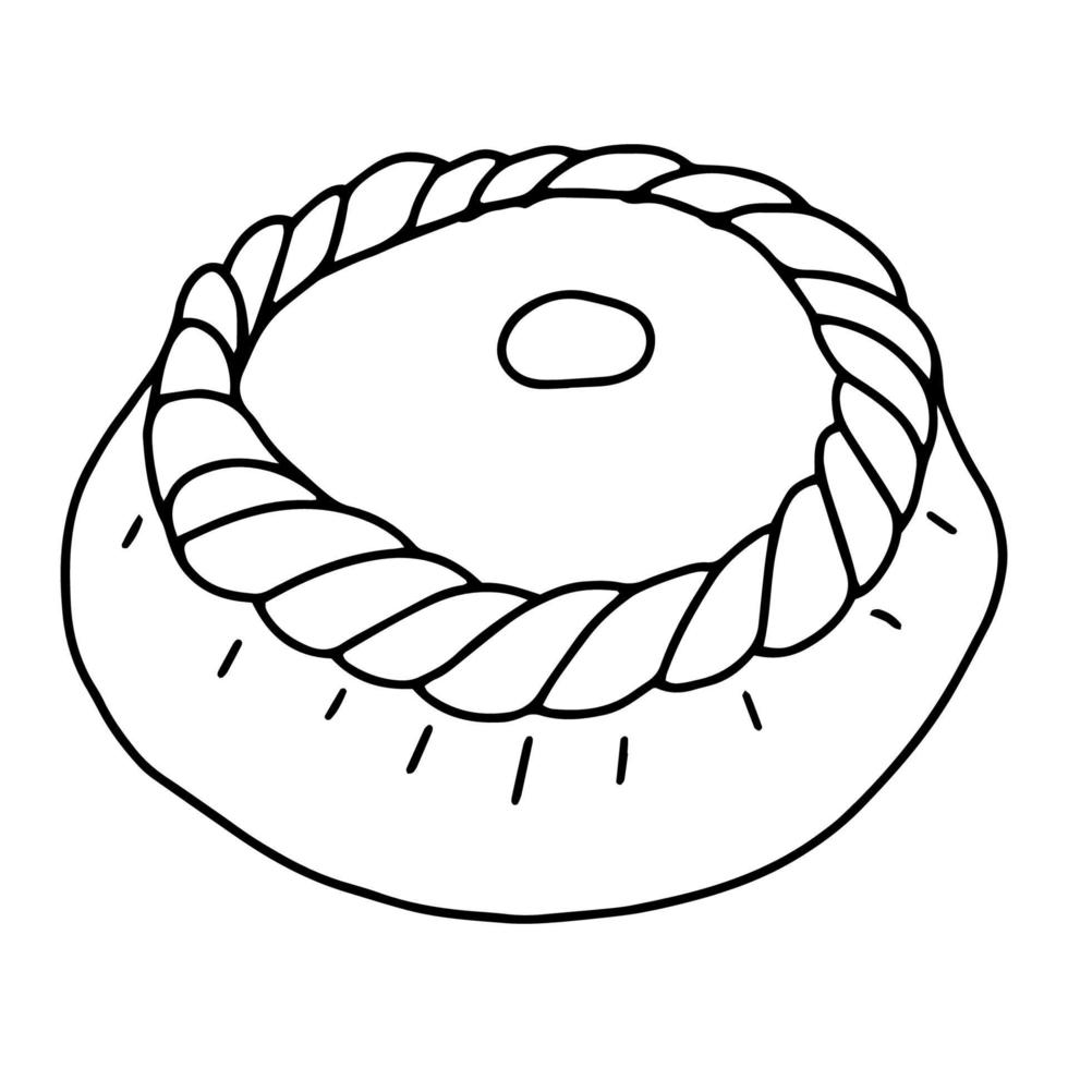 Round pie, the edge of the braid.Drawn pastry in the style of Doodle.Black and white image.Monochrome.Outline drawing by hand.Coloring.Vector image vector