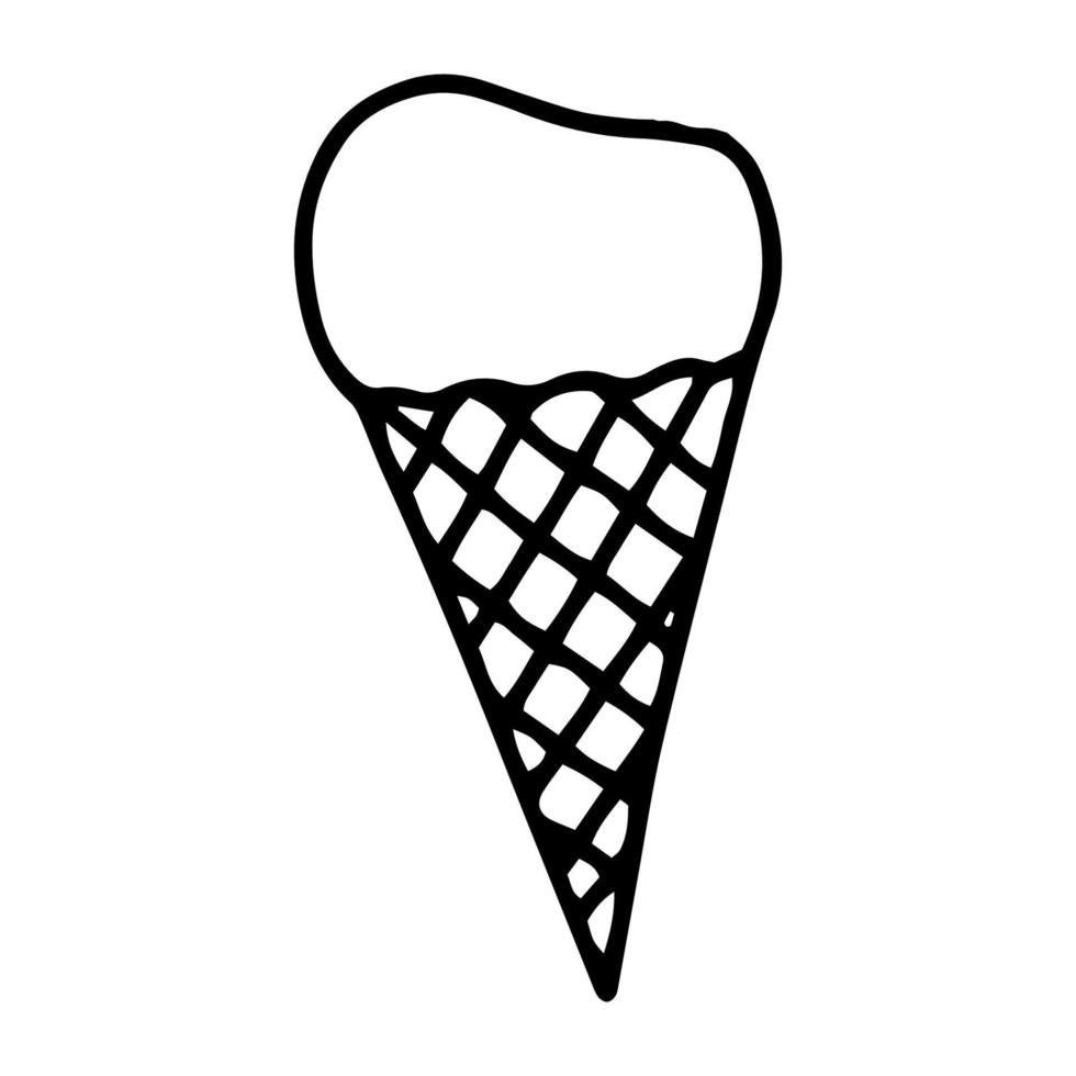 Waffle cone with ice cream drawn in the style of Doodle.Outline drawing by hand.Black-and-white image of the sweets.Monochrome.Vector illustration vector