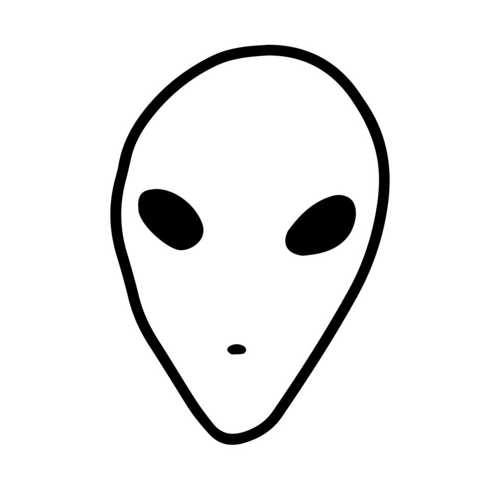 The head of an alien drawn in the style of Doodle.Outline drawing by hand.Black and white image.Monochrome.An alien with big eyes.Vector illustration vector