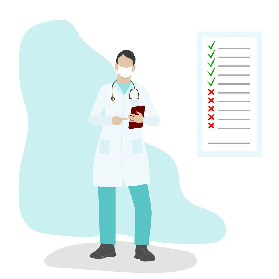 A male doctor in a white coat with a stethoscope and a folder in his hands.The doctor stands full-length next to the poster.Flat illustration.Treatment of people from the epidemic.Doctor in green vector