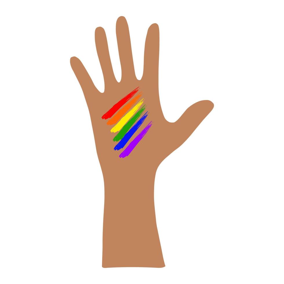 una palma abierta con piel oscura y un arco iris en la ilustración hand.flat.lgbt.vector vector