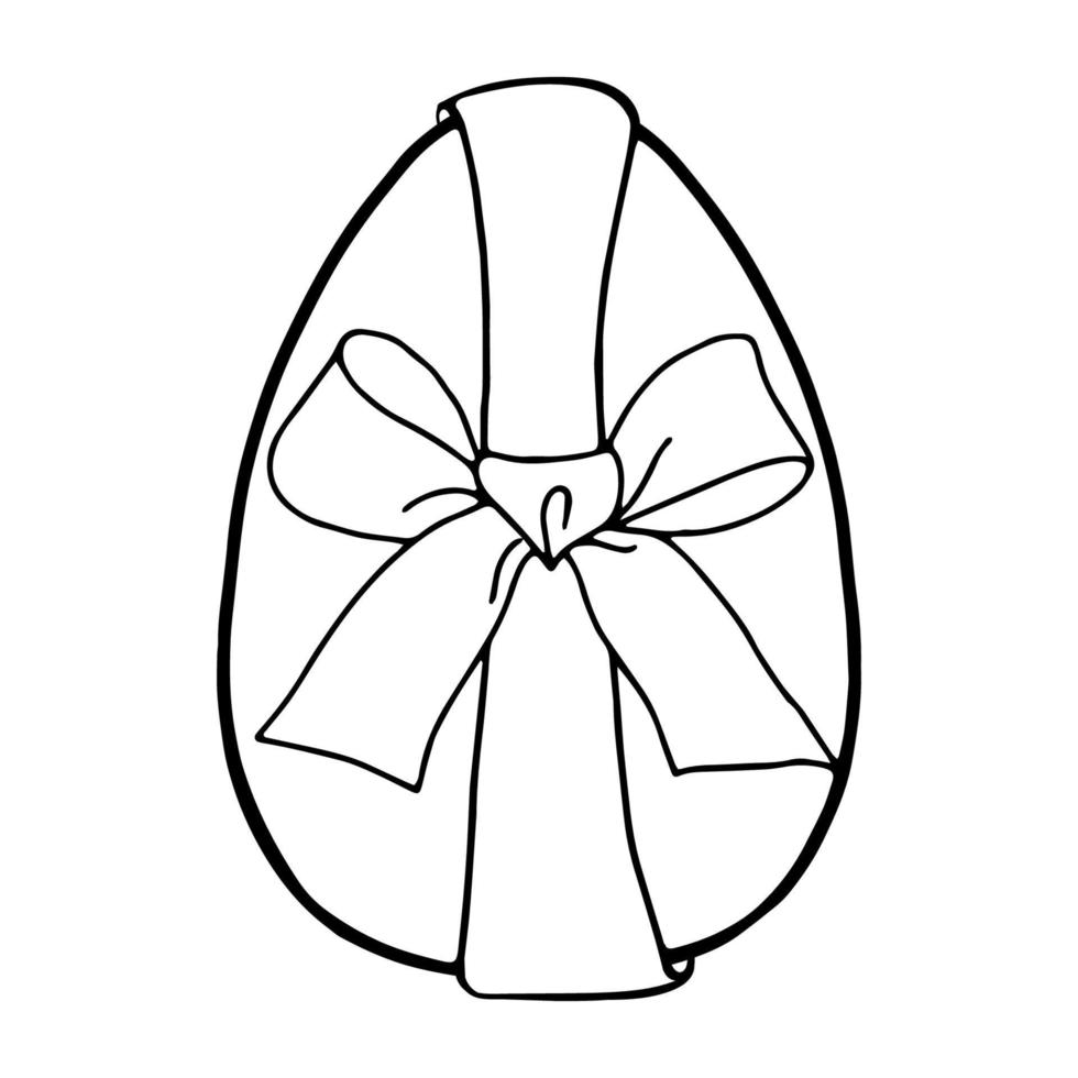 Easter egg with a bow-Doodle style . A black-and-white image isolated on a white background.Festive egg with a ribbon.Coloring.Outline drawing by hand.For postcards, decorations for Easter. vector