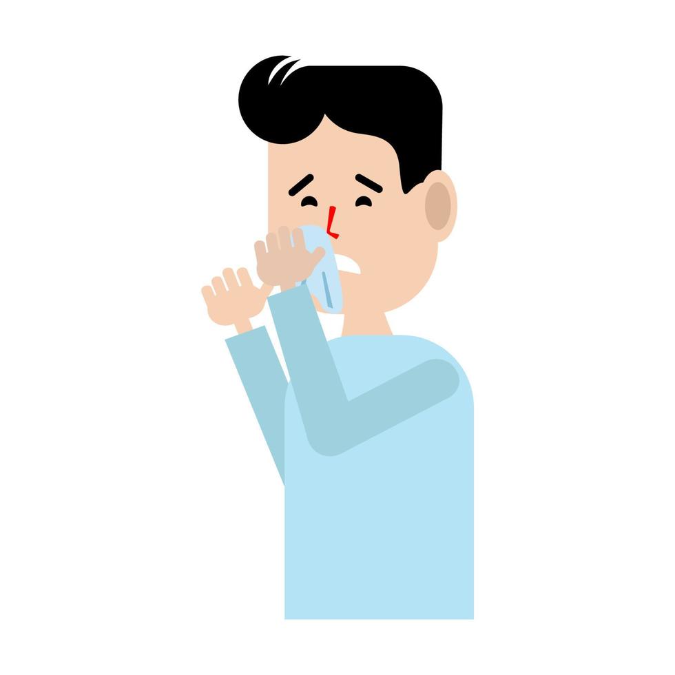A man has a runny nose.Flat illustration.Rhinitis.Allergies to pollen, Pets.The disease is viral, ill health.Vector illustration vector
