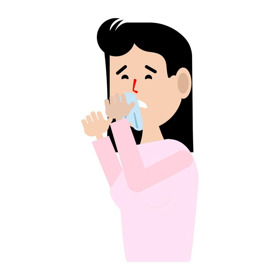 A woman's runny nose.Flat illustration.Rhinitis.Allergies to pollen, Pets.The disease is viral, ill health.Vector illustration vector