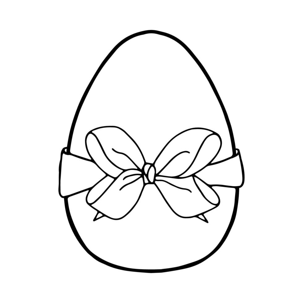 Easter egg with a bow-Doodle style . A black-and-white image isolated on a white background.Festive egg with a ribbon.Coloring.Outline drawing by hand.For postcards, decorations for Easter. vector