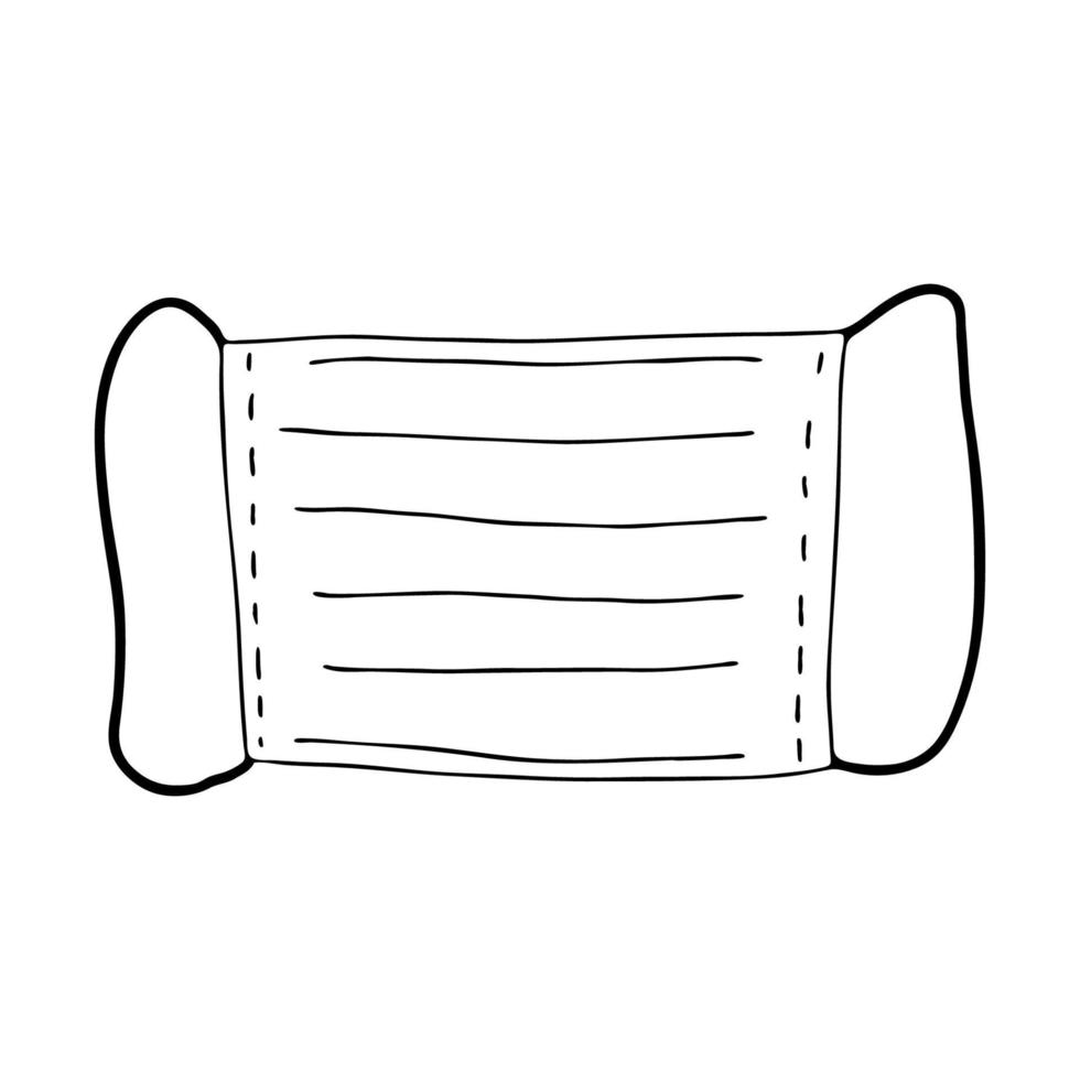 Medical disposable protective mask drawn in the style of Doodle.Prevention and prevention of diseases and viruses.Black and white image isolated on a white background.Outline vector