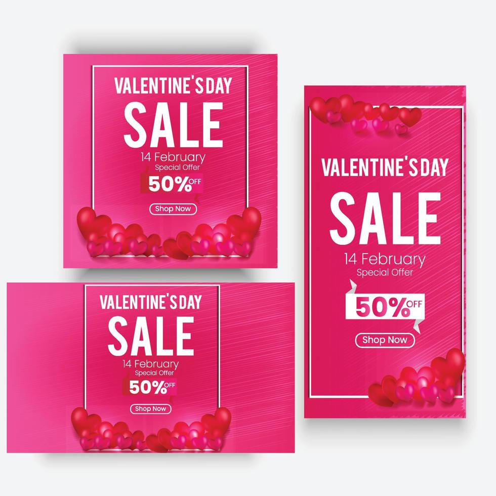 Banner o póster de venta del día de San Valentín con muchas luces de corazones y regalos en promoción de fondo rosa degradado y plantilla de compras o fondo para el concepto de amor y día de San Valentín vector