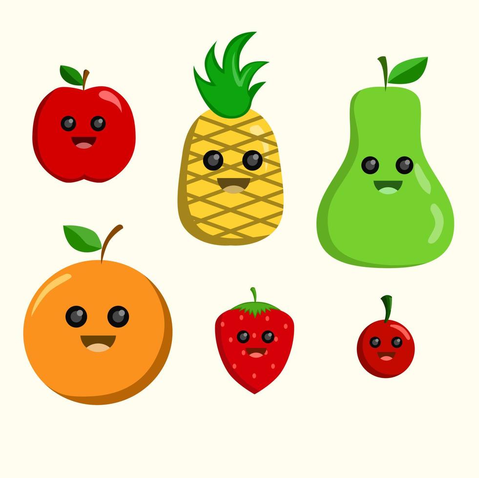 diseño de dibujos animados lindo de frutas con cara sonriente. vector