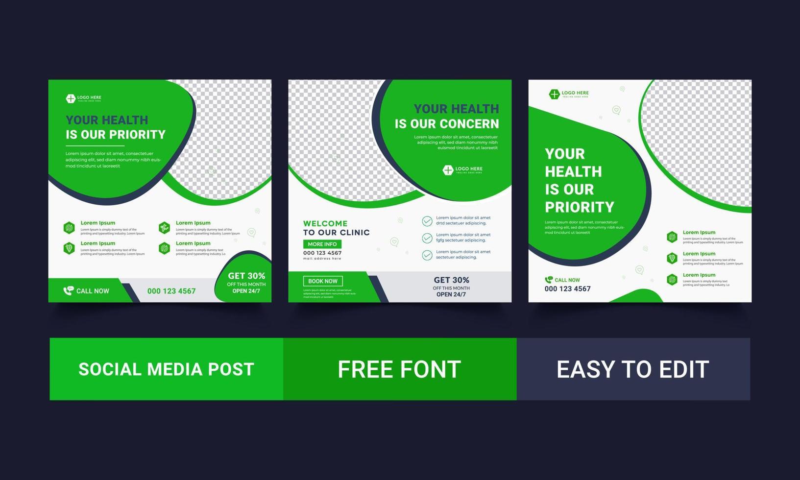 Medical Social Media Post Template, Editable Healthcare Social Media Banner Template. Social media post design free vector. Anyone can use This Design Easily vector