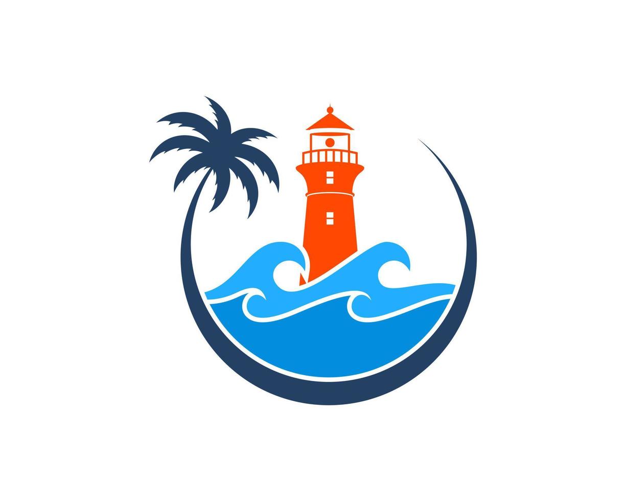 Circular palm tree with beach wave and lighthouse vector