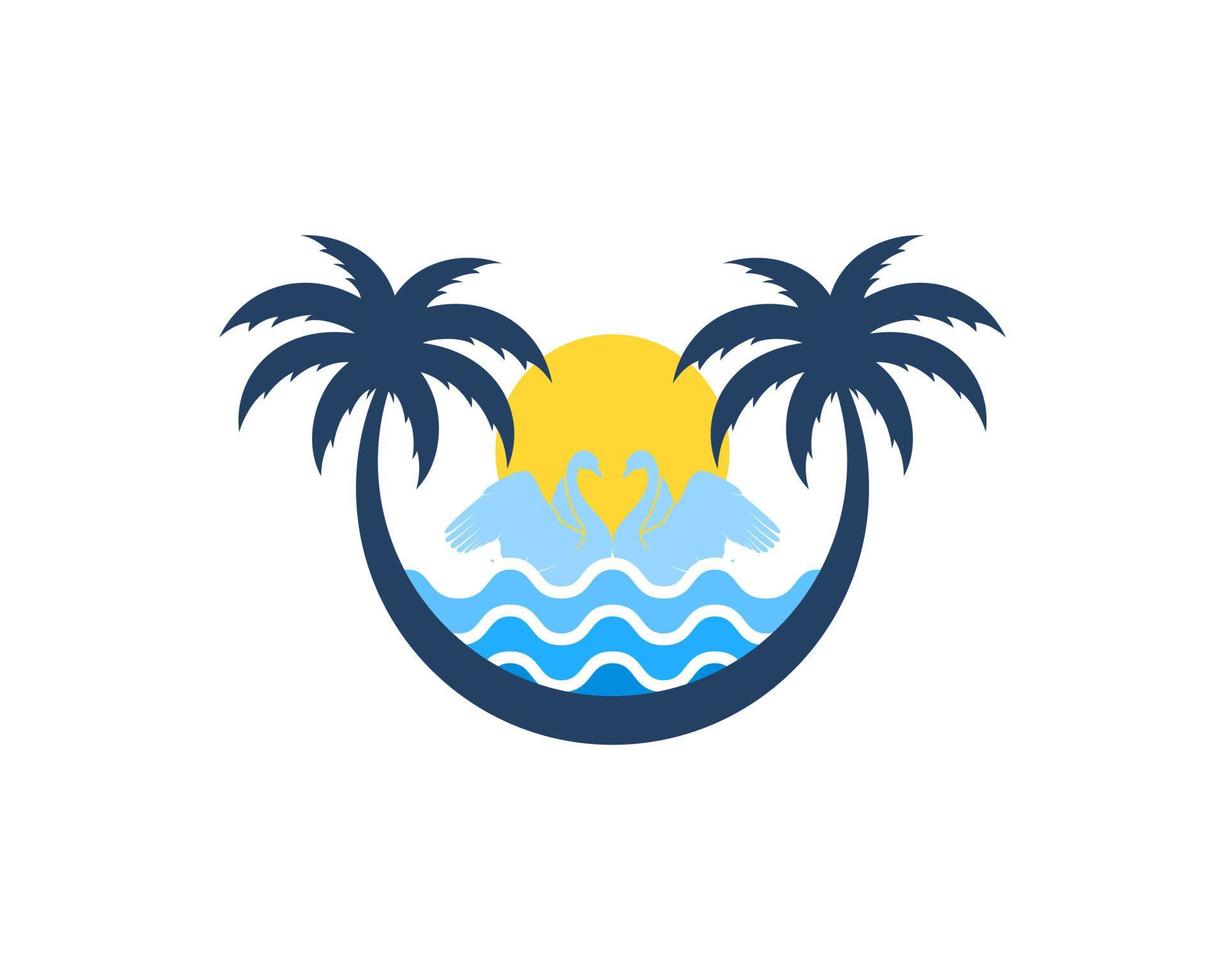 Circular palm tree with abstract beach wave and swan couple inside vector