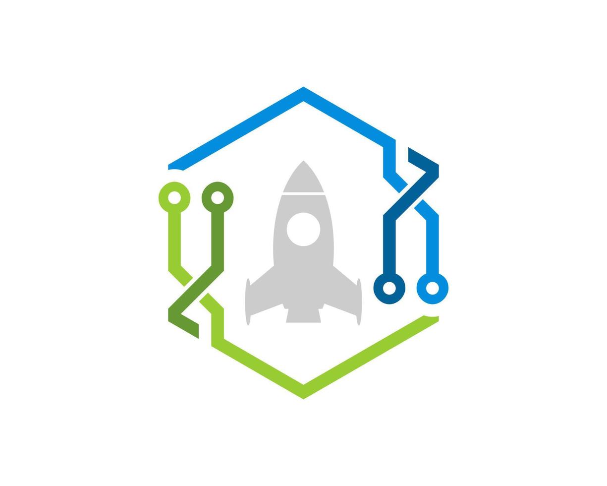 hexagonal shape with circuit technology and rocket inside vector