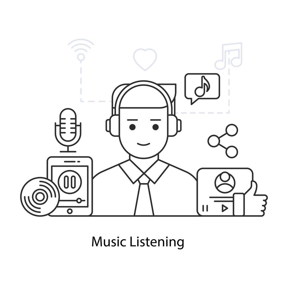 Audio music listening illustration in linear design vector