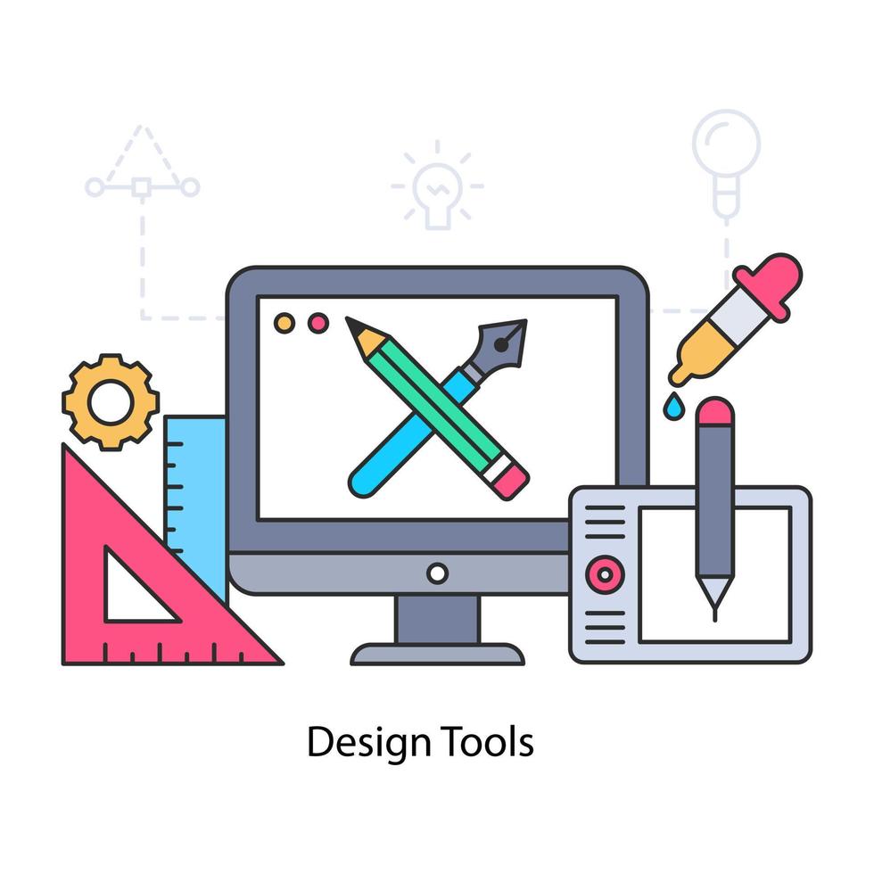 Art brush and pencil inside monitor, illustration of design tools vector