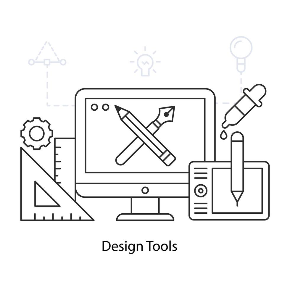 Art brush and pencil inside monitor, illustration of design tools vector