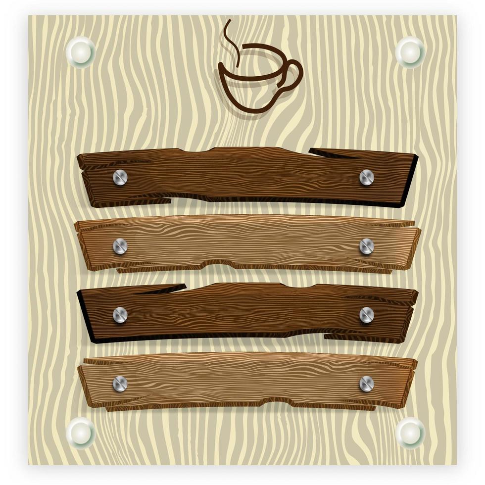 Wooden signs set. Rough brown rustic boards and planks, signboards hanging, bar and saloon banner templates. vector