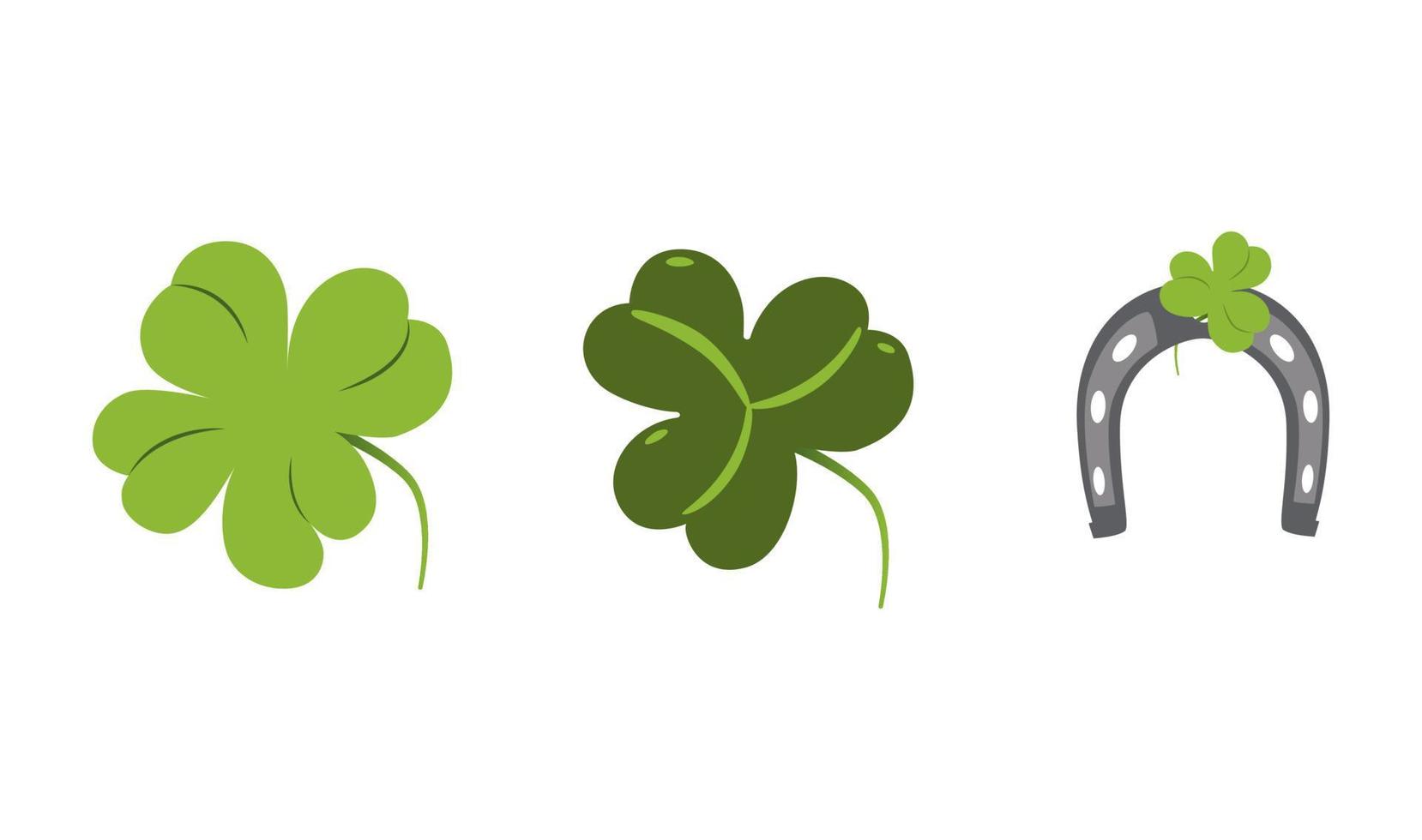 Trefoil and quatrefoil clover and horseshoe vector flat illustration. Shamrock. St. Patrick's symbol. Good luck signs. Design elements for cards, poster and pattern.