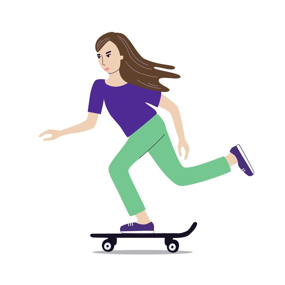 chica montando patineta ilustración vectorial. mujer joven en un longboard. dibujo de skater femenino. vector