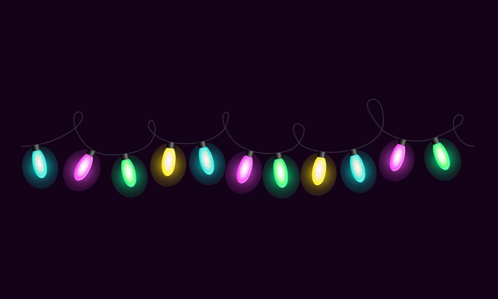 Light bulb garland vector illustration. Neon christmas lights. Holidays and event decoration. Design element for poster, card, banner, web.