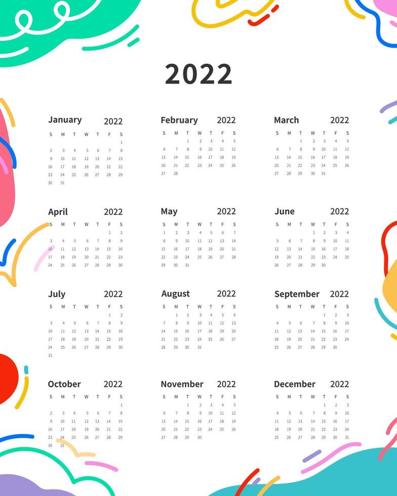 Calendar 2022 template. 2022 calendar planner template. Week starts on sunday. Vector illustration.
