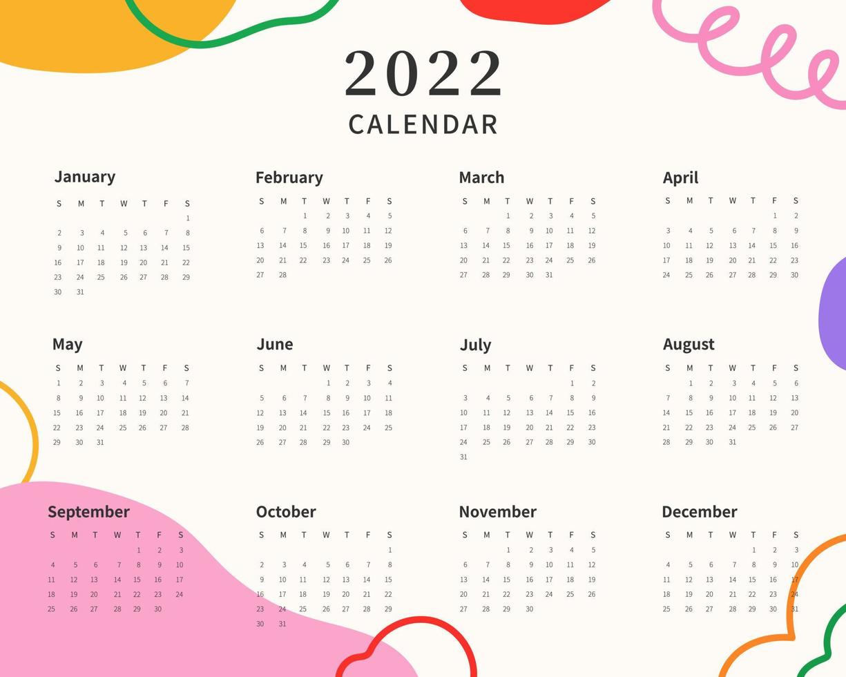Calendar 2022 template. 2022 calendar planner template. Week starts on sunday. Vector illustration.