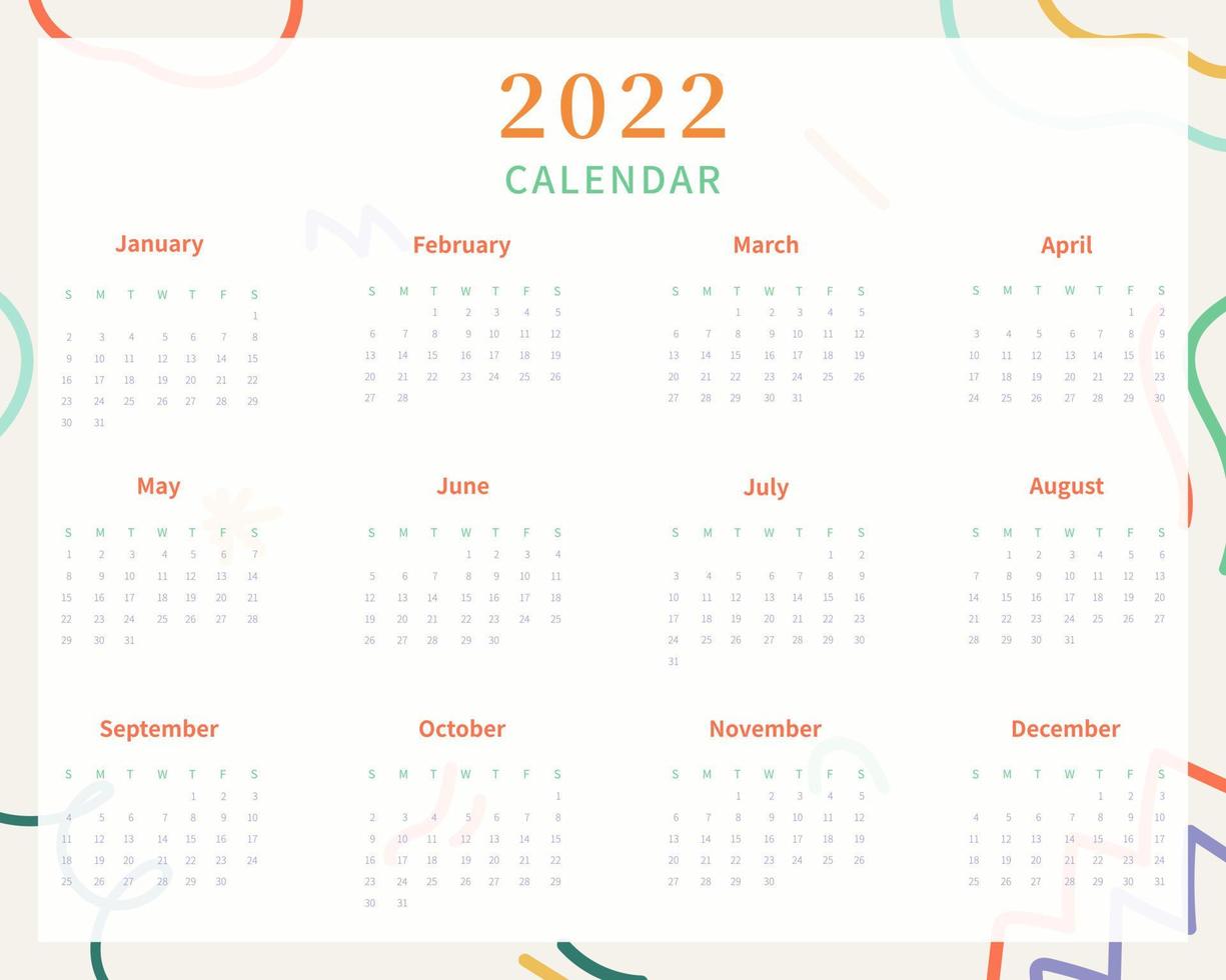 Calendar 2022 template. 2022 calendar planner template. Week starts on sunday. Vector illustration.