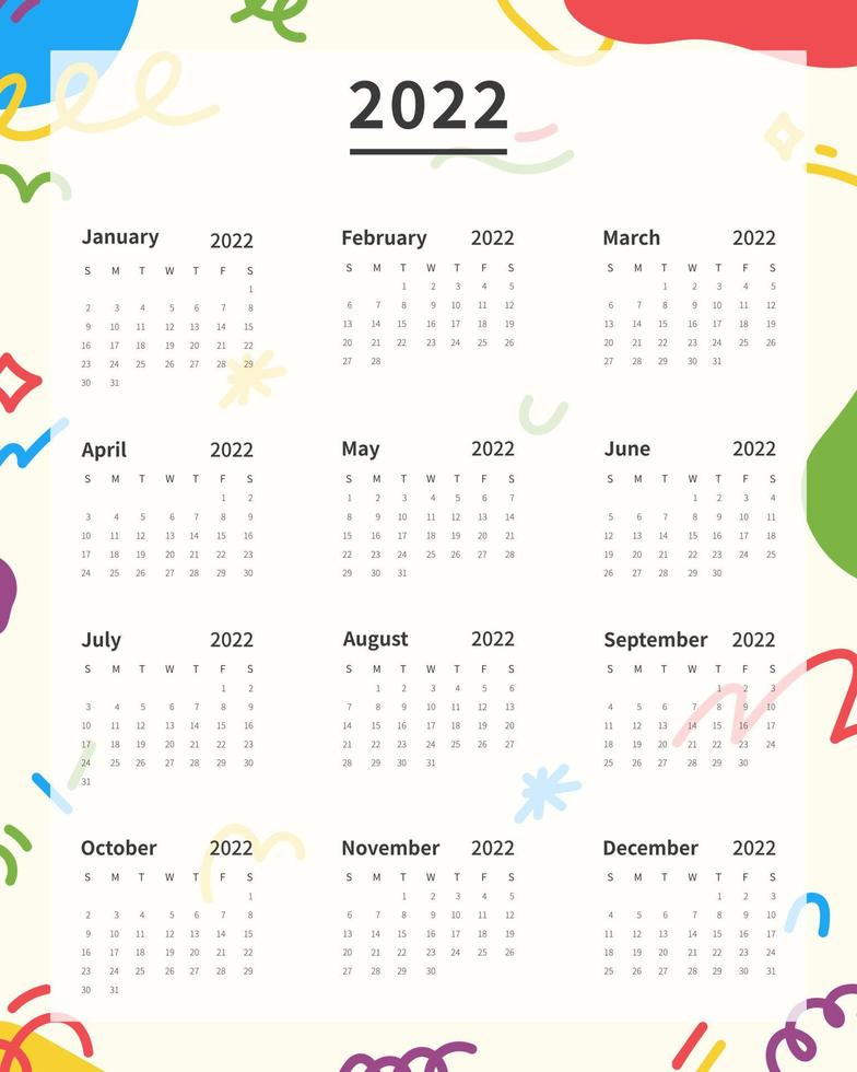Calendar 2022 template. 2022 calendar planner template. Week starts on sunday. Vector illustration.