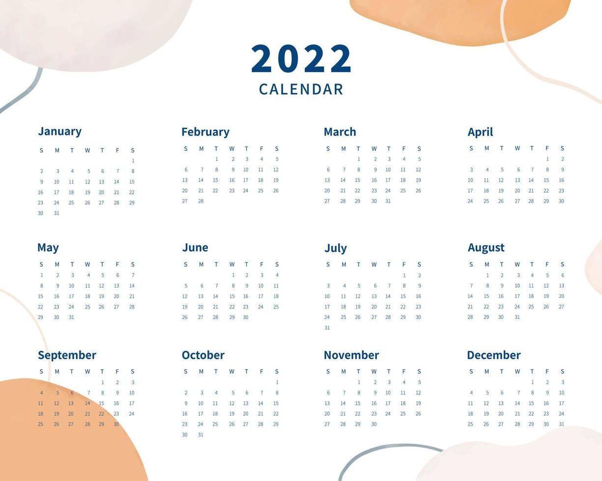 Calendar 2022 template. 2022 calendar planner template. Week starts on sunday. Vector illustration.