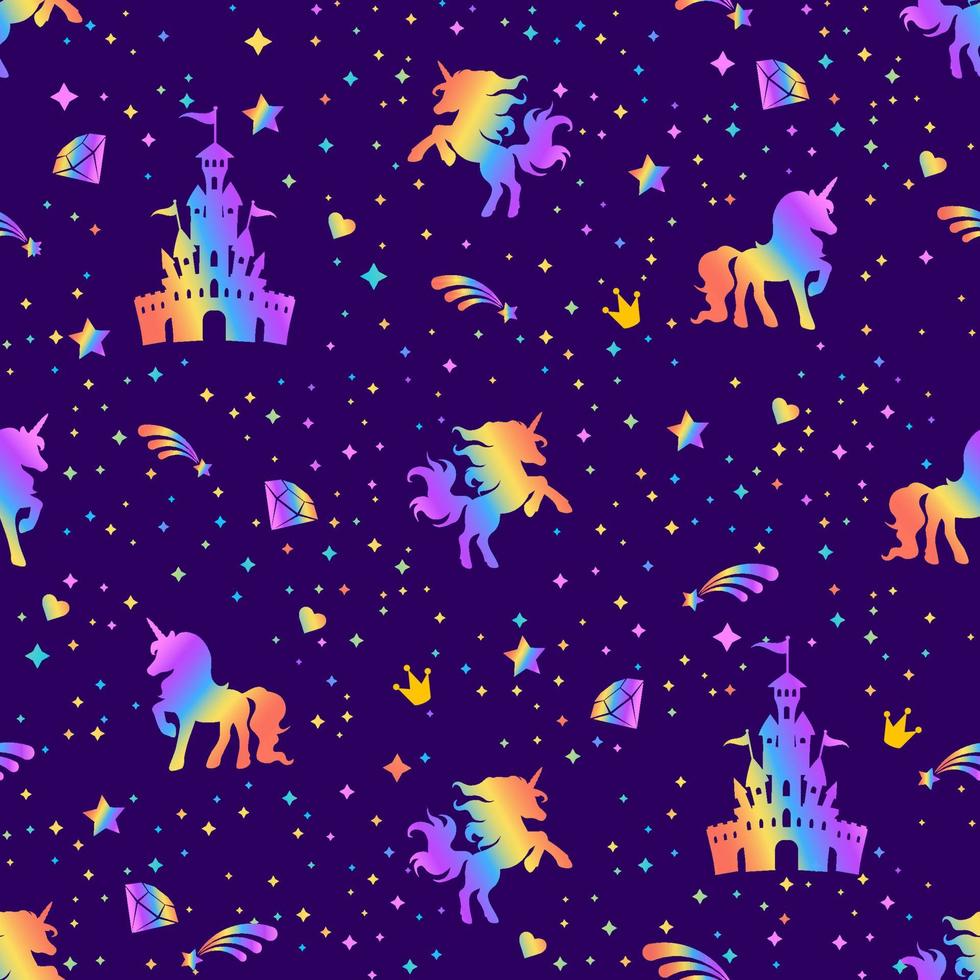 Seamless rainbow pattern with unicorns, hearts, crowns and stars on a dark background. vector