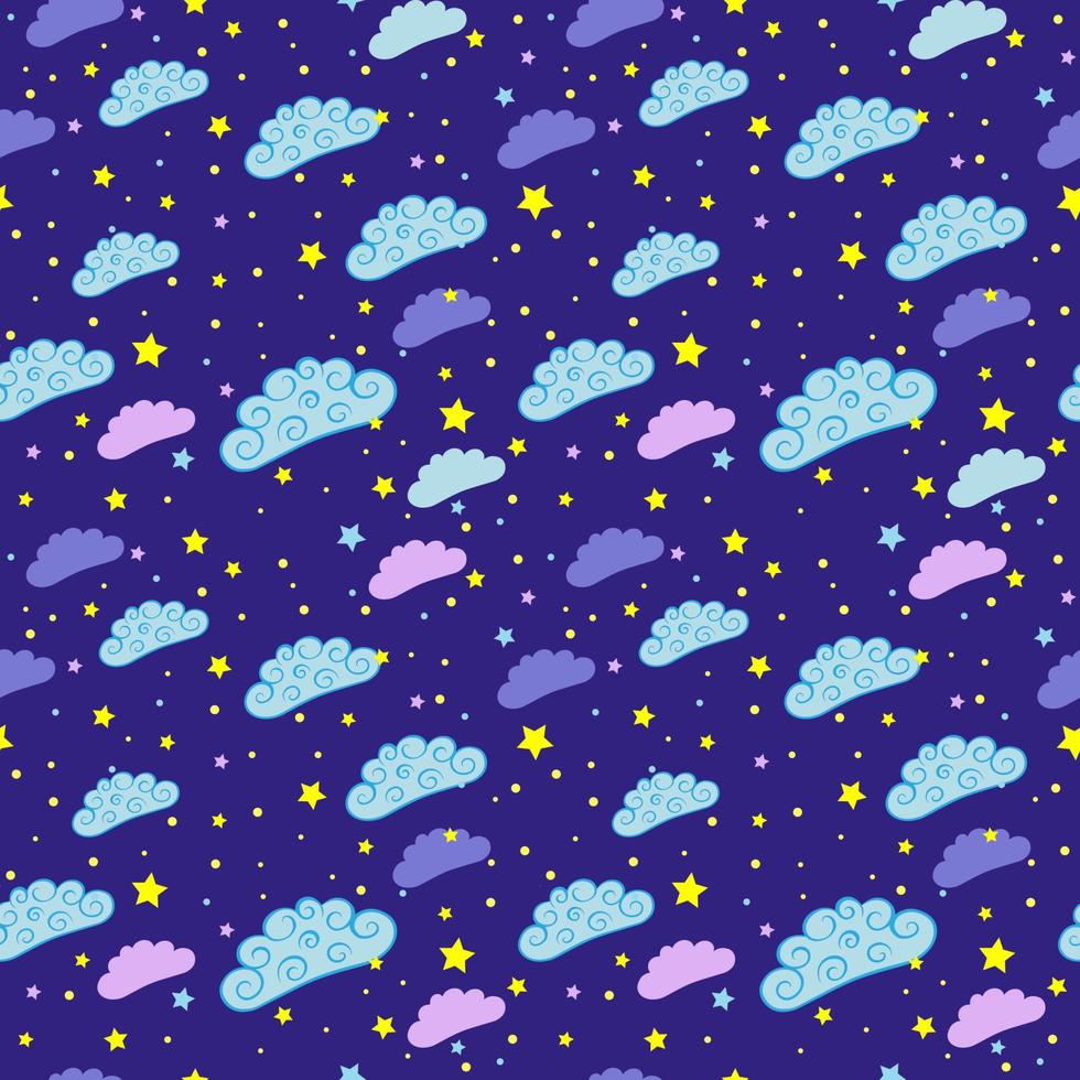 Night sky seamless pattern with, stars and clouds. vector