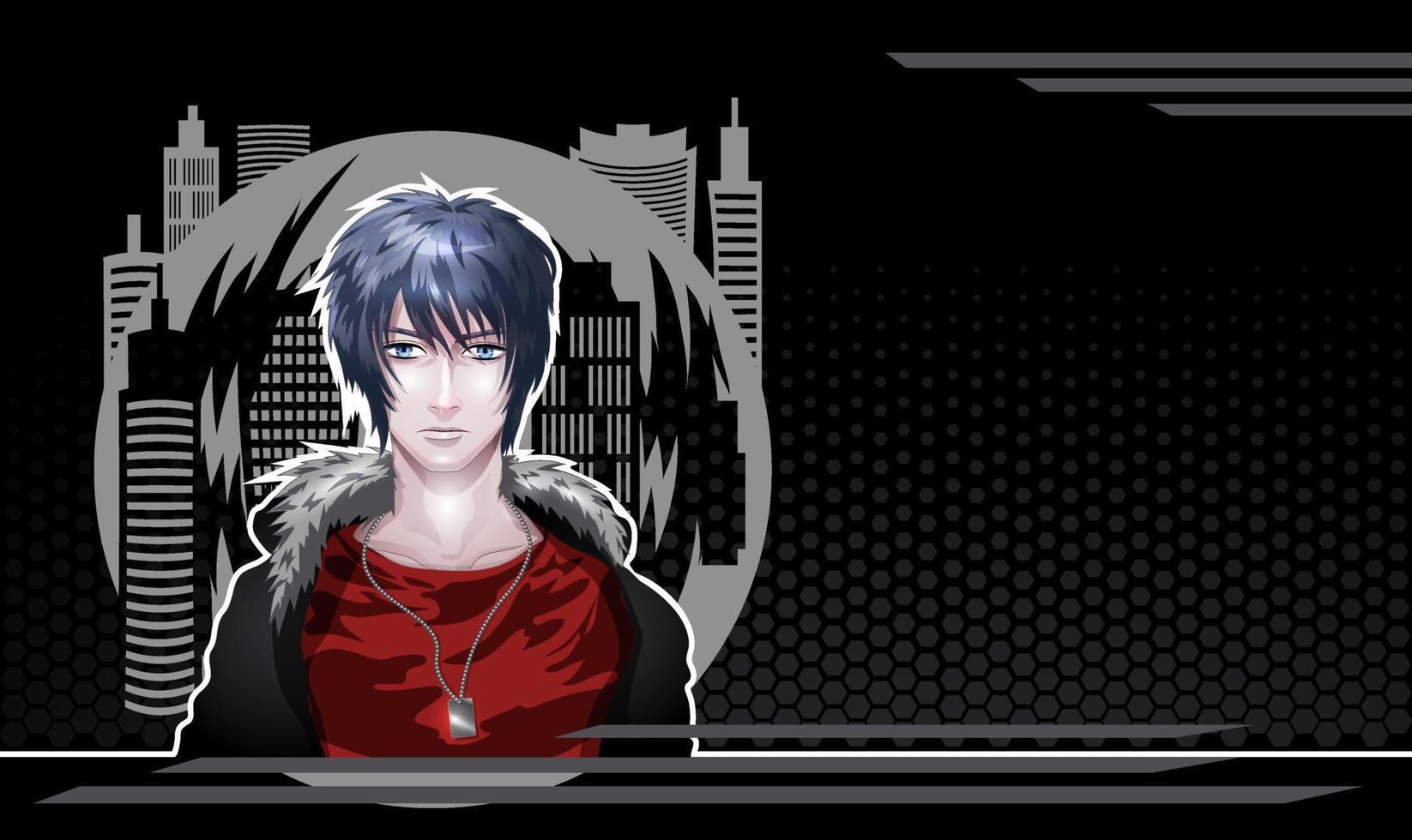Background with a young man with blue eyes in the style of manga and anime. vector