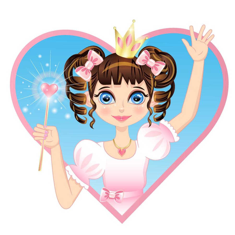 Girl in a princess crown with a magic wand waves her hand. Fairy tale, little sorceress on the background of the heart. Image as a design element isolated from the background. vector