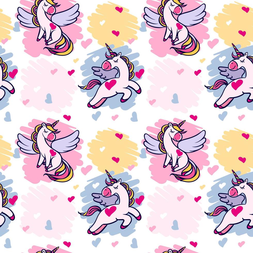 Simless pattern with hand-drawn unicorns with wings and closed eyes on a white background. vector