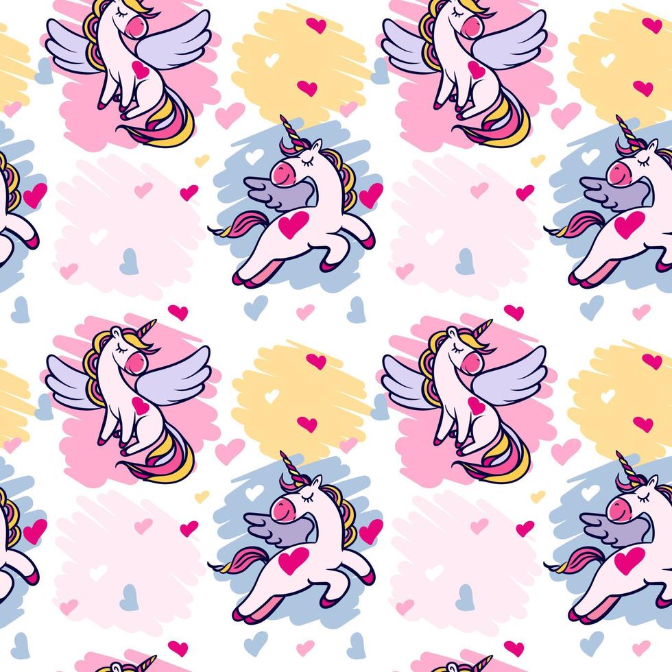 Simless pattern with hand-drawn unicorns with wings and closed eyes on a white background. vector